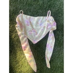 Floral Tie Top Cottagecore Pastel Yellow Pink Sleeveless Crop Top Women's